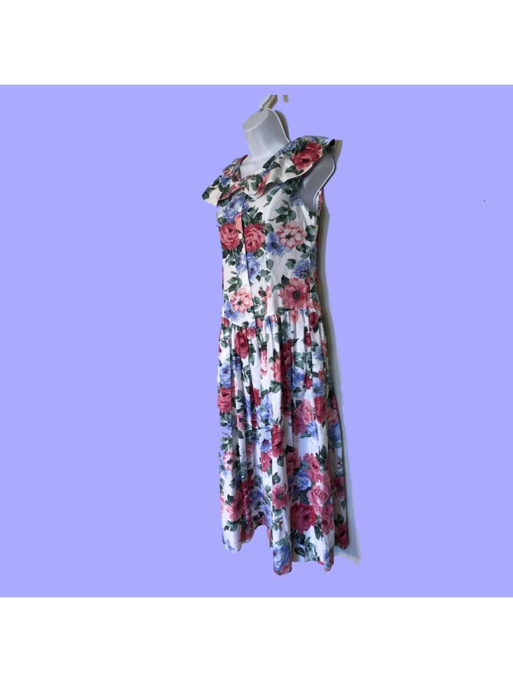 Vtg Floral Ruffle Sundress Ruffle Neckline Tea Dress USA